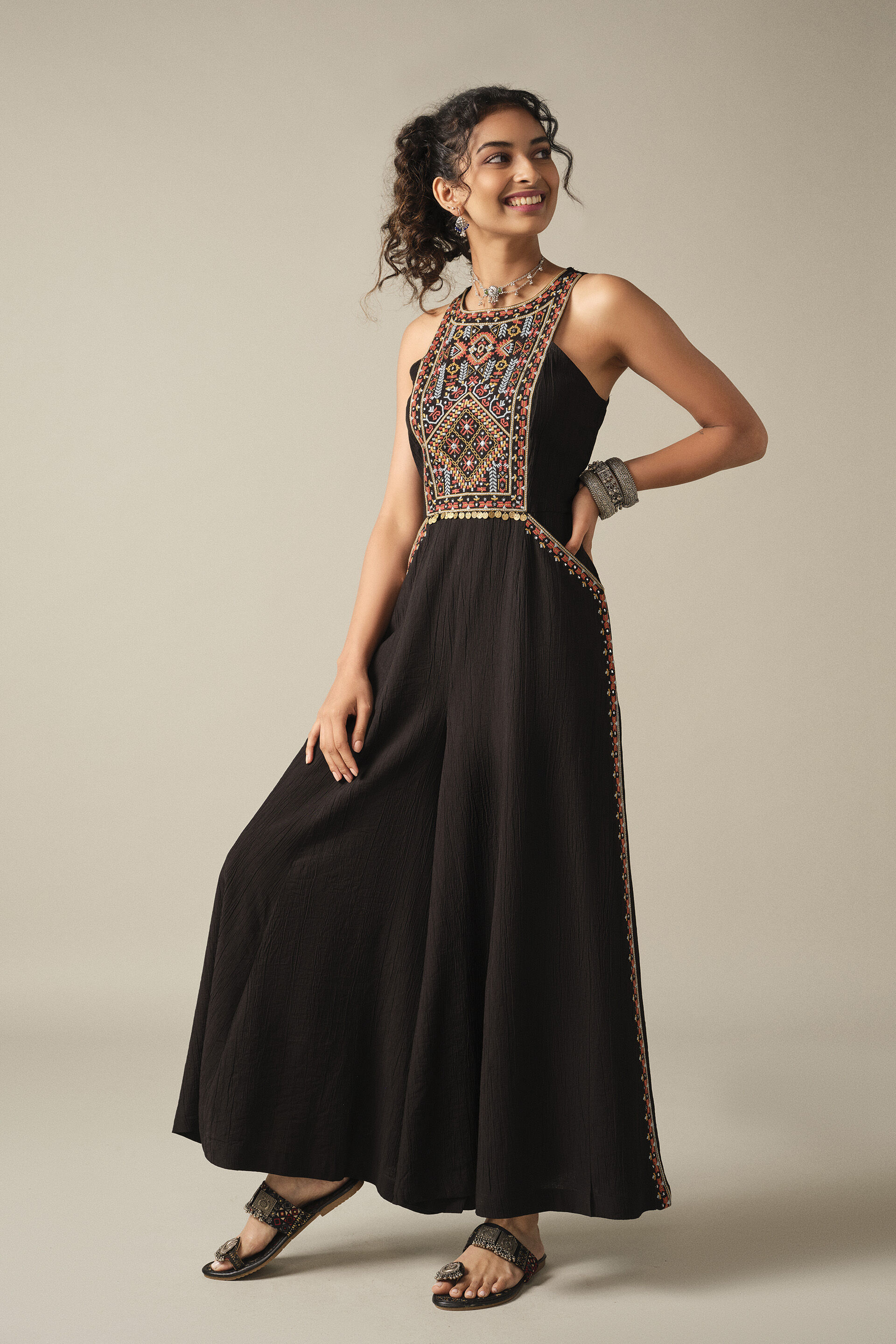 Embroidered Coin Jumpsuit in Black, Black, image 4